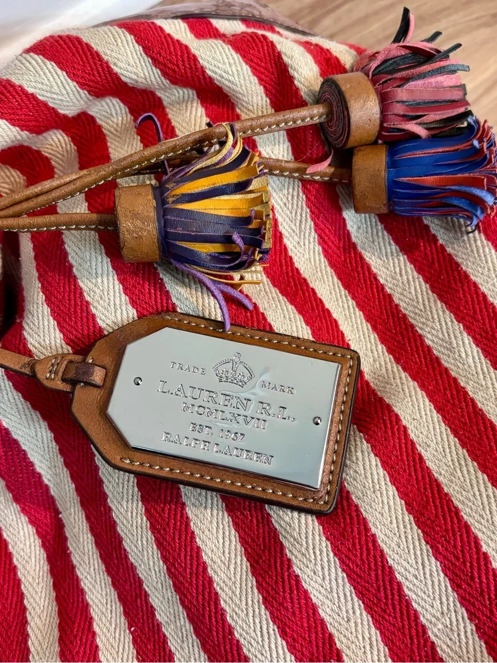 Lauren Ralph Lauren Red and Cream Striped Canvas Hobo with Brown Leather Trim